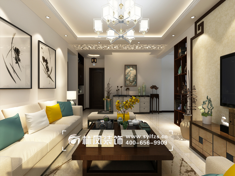 格林馨港湾128㎡现代中式风格-客厅2.jpg